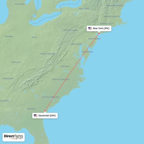 New York - Savannah direct flight map