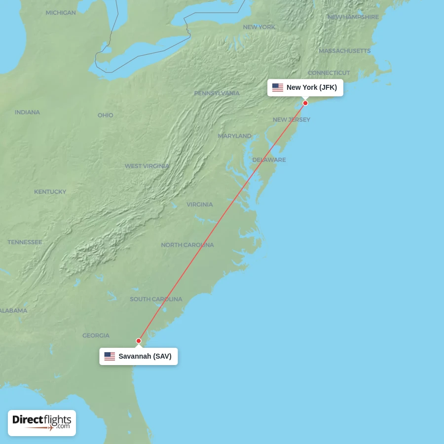 JFK - SAV route map