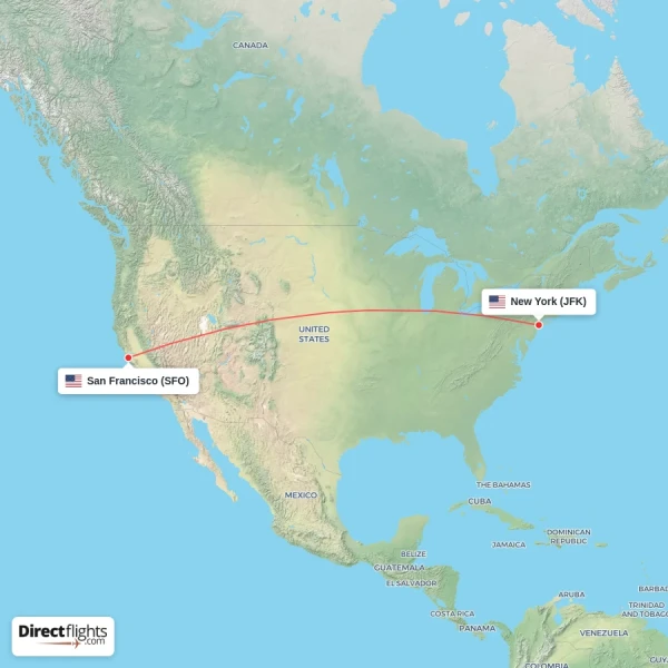New York - San Francisco direct flight map