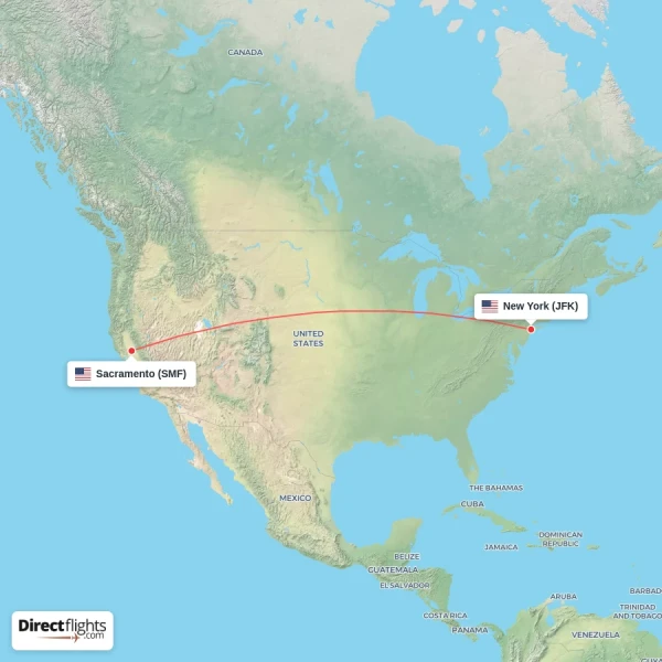 New York - Sacramento direct flight map