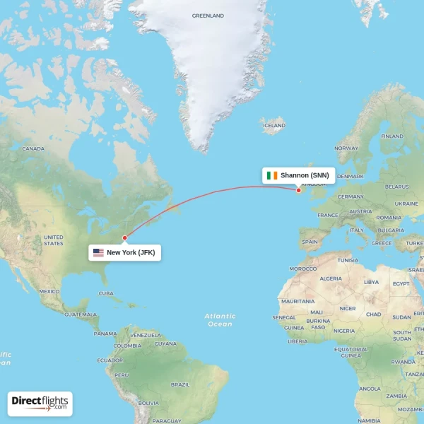 New York - Shannon direct flight map