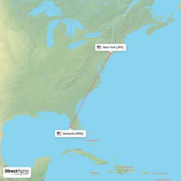 New York - Sarasota direct flight map