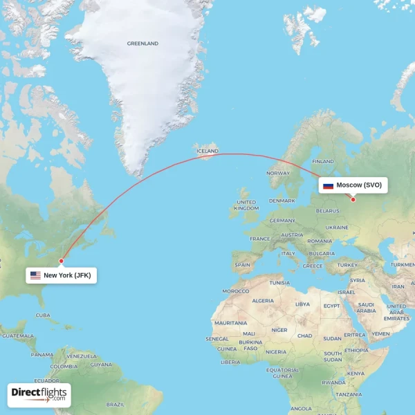 New York - Moscow direct flight map