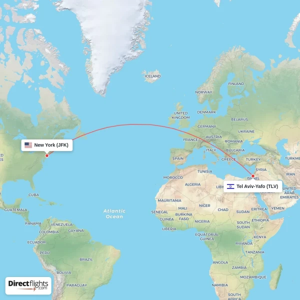 New York - Tel Aviv-Yafo direct flight map