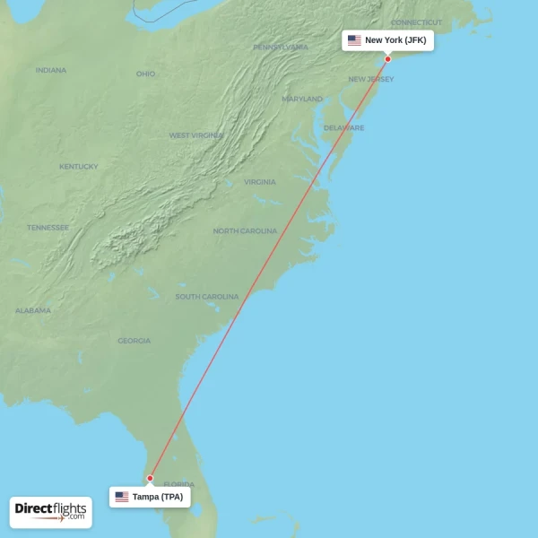 New York - Tampa direct flight map