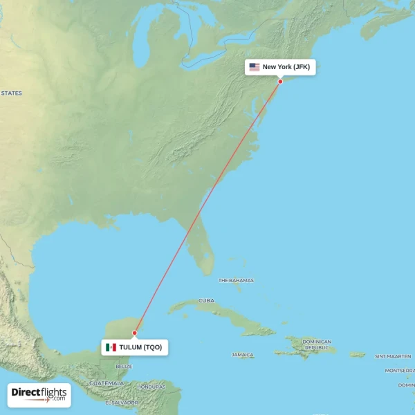 New York - TULUM direct flight map