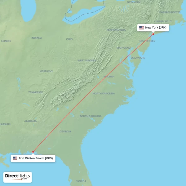New York - Fort Walton Beach direct flight map