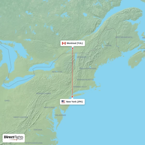 New York - Montreal direct flight map