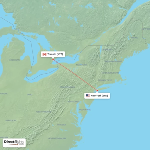 New York - Toronto direct flight map