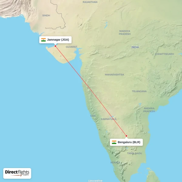 Jamnagar - Bengaluru direct flight map