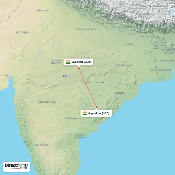 Jagdalpur - Jabalpur direct flight map