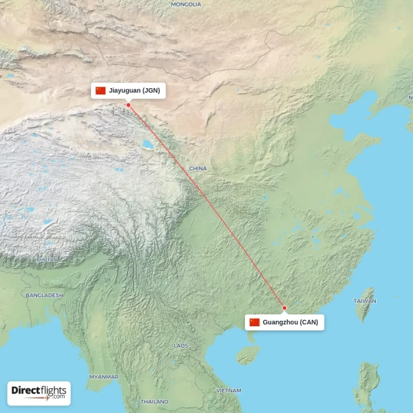 Jiayuguan - Guangzhou direct flight map