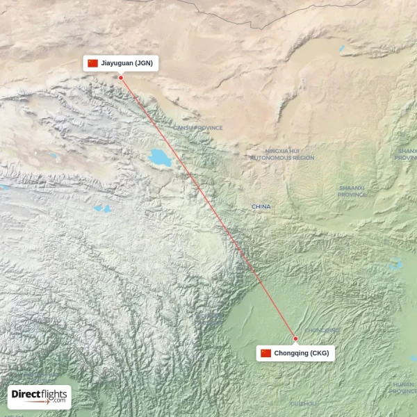 Jiayuguan - Chongqing direct flight map