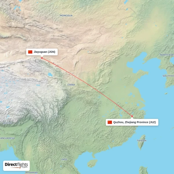 Jiayuguan - Quzhou, Zhejiang Province direct flight map