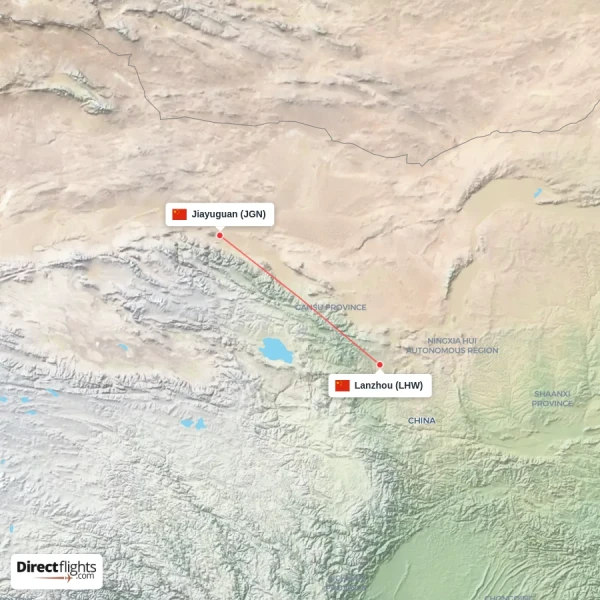 Jiayuguan - Lanzhou direct flight map