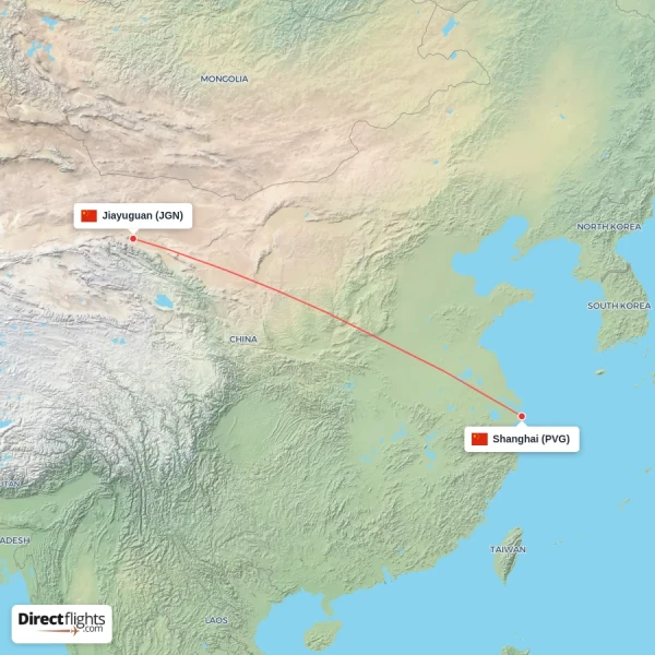 Jiayuguan - Shanghai direct flight map