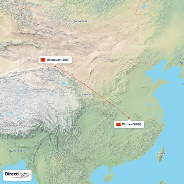 Jiayuguan - Wuhan direct flight map
