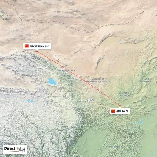 Jiayuguan - Xian direct flight map