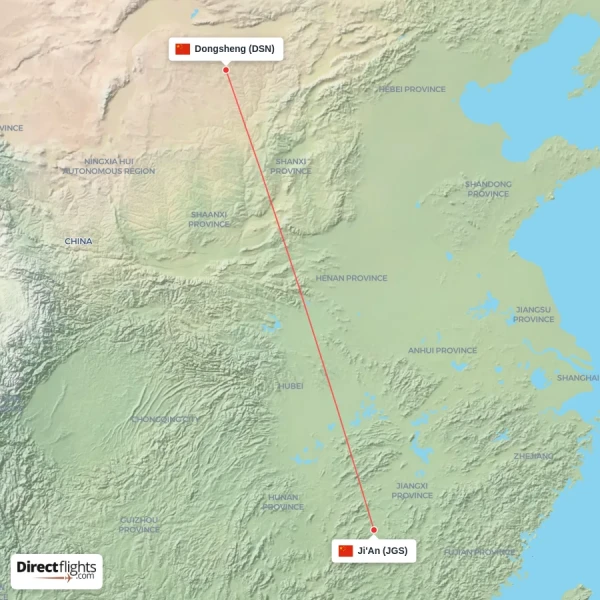 Ji'An - Dongsheng direct flight map