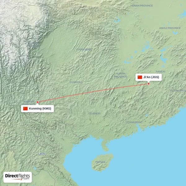 Ji'An - Kunming direct flight map