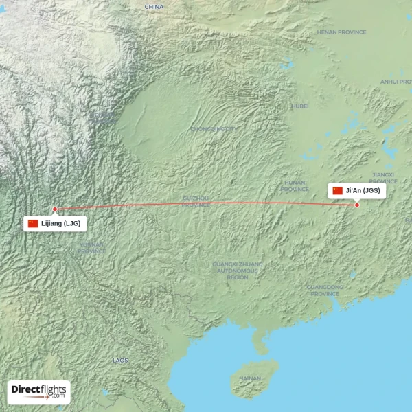 Ji'An - Lijiang direct flight map