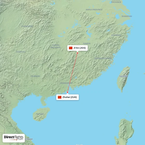 Ji'An - Zhuhai direct flight map
