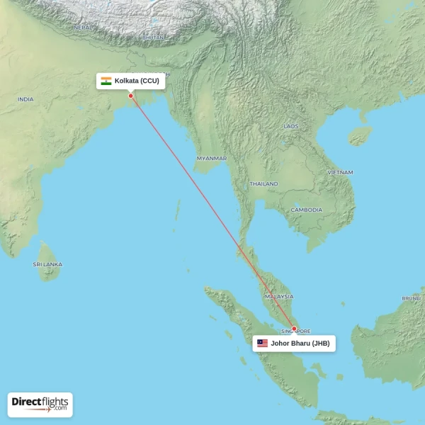 Johor Bharu - Kolkata direct flight map