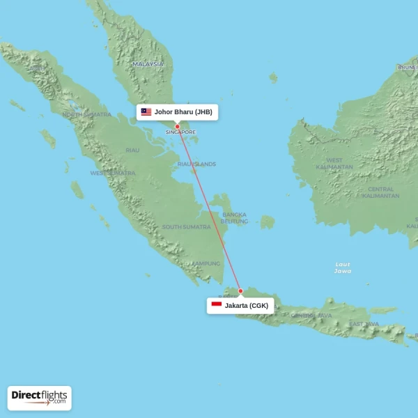 Johor Bharu - Jakarta direct flight map