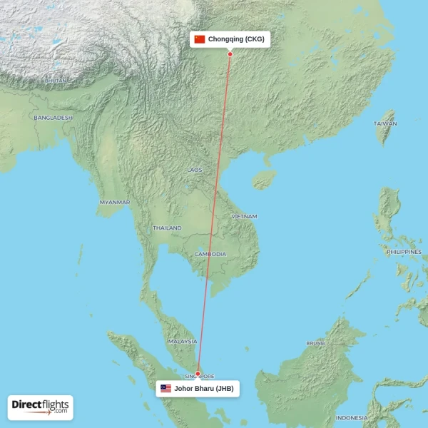 Johor Bharu - Chongqing direct flight map