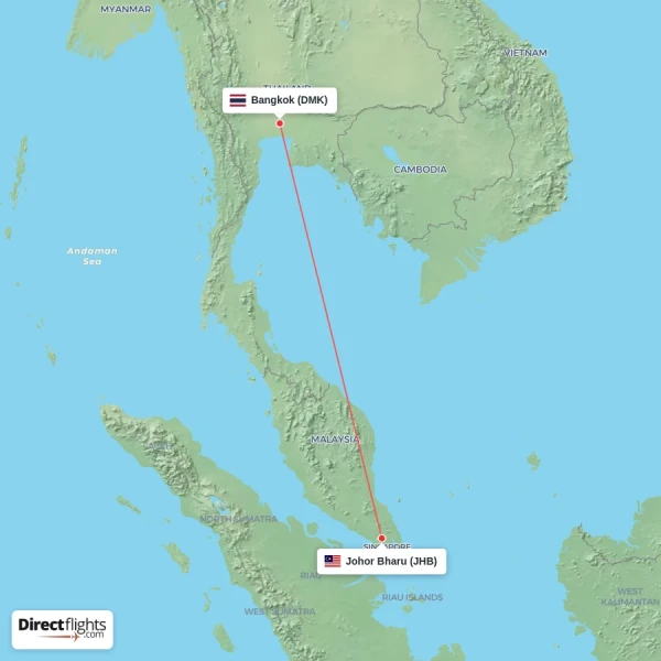 Johor Bharu - Bangkok direct flight map