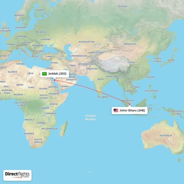 Johor Bharu - Jeddah direct flight map