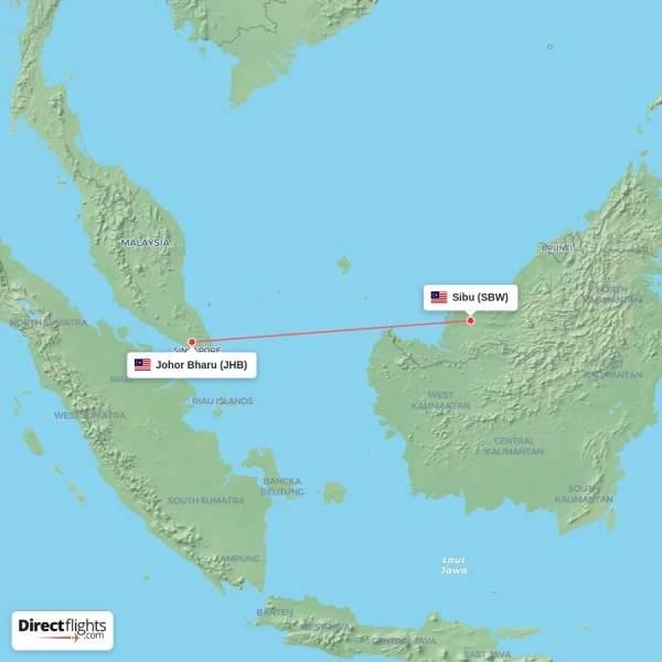 Johor Bharu - Sibu direct flight map