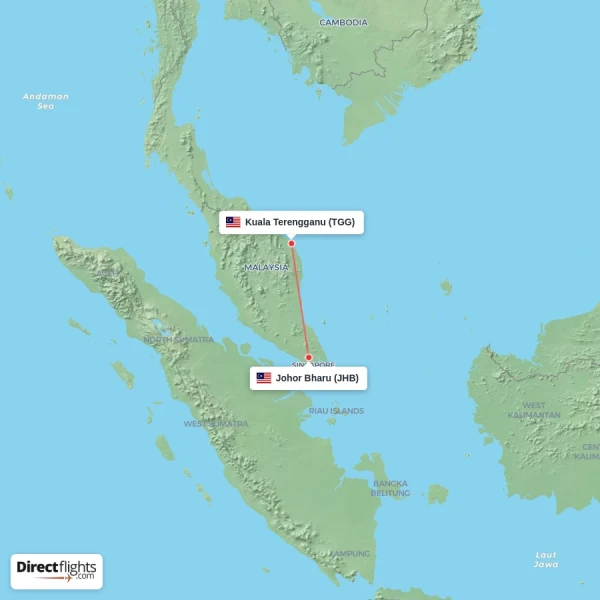 Johor Bharu - Kuala Terengganu direct flight map