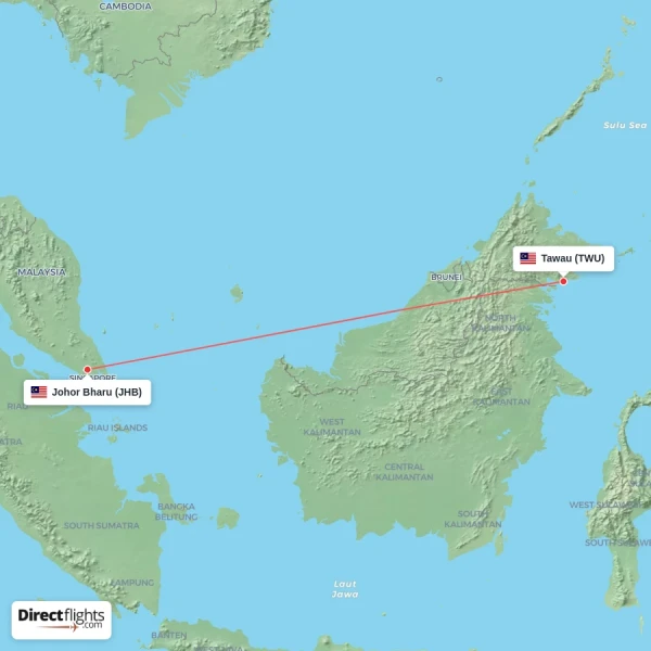 Johor Bharu - Tawau direct flight map