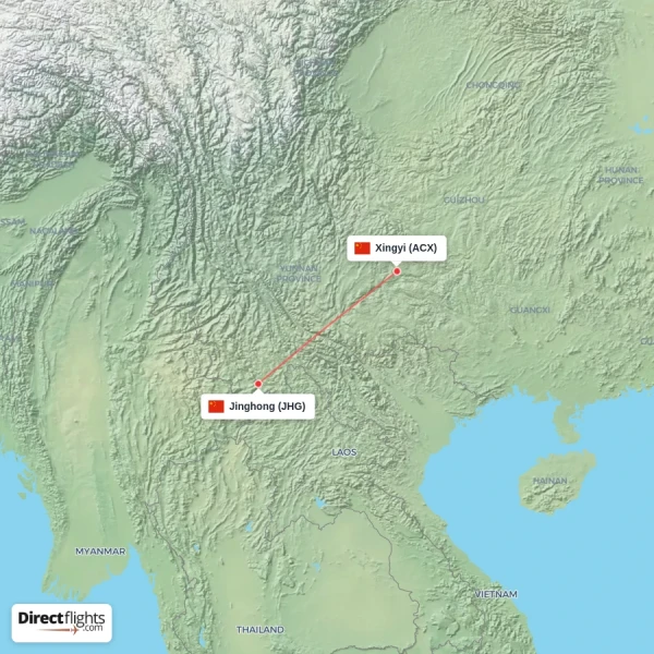 Jinghong - Xingyi direct flight map