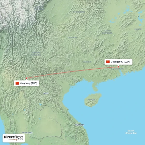 Jinghong - Guangzhou direct flight map