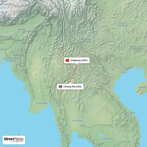 Jinghong - Chiang Rai direct flight map