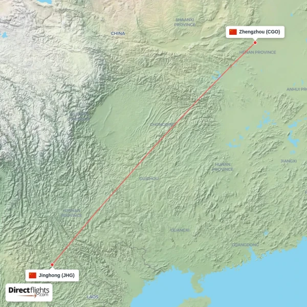 Jinghong - Zhengzhou direct flight map