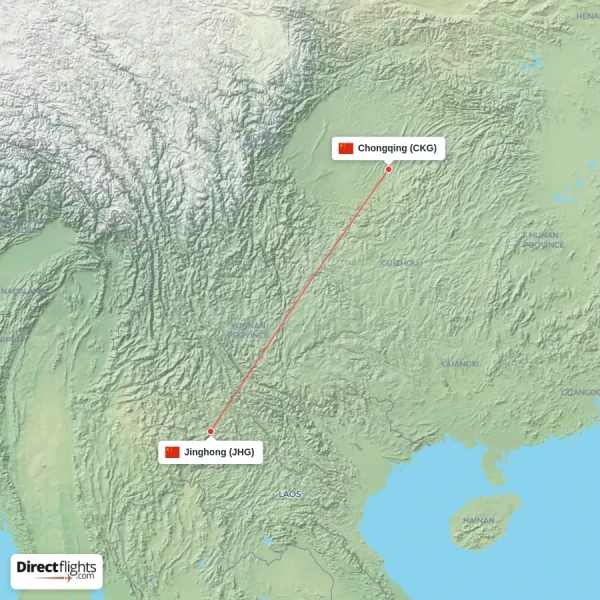 Jinghong - Chongqing direct flight map