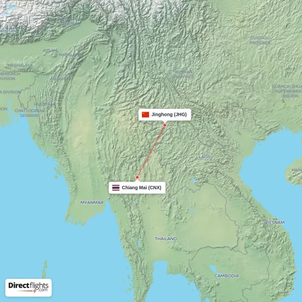 Jinghong - Chiang Mai direct flight map
