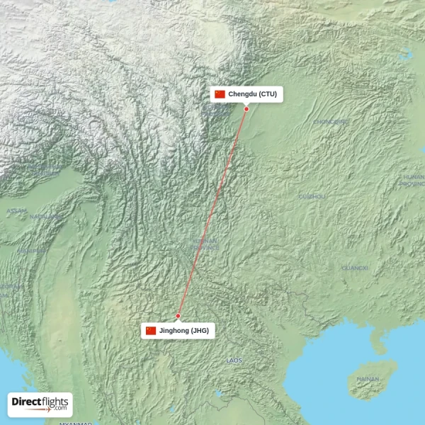 Jinghong - Chengdu direct flight map