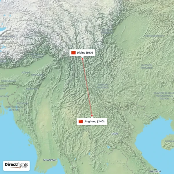 Jinghong - Diqing direct flight map