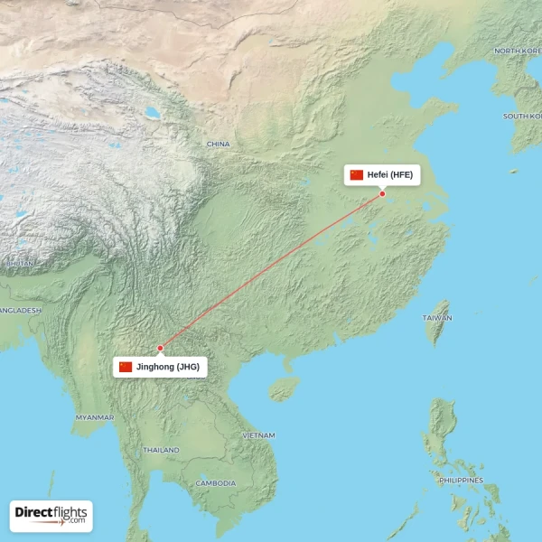 Jinghong - Hefei direct flight map