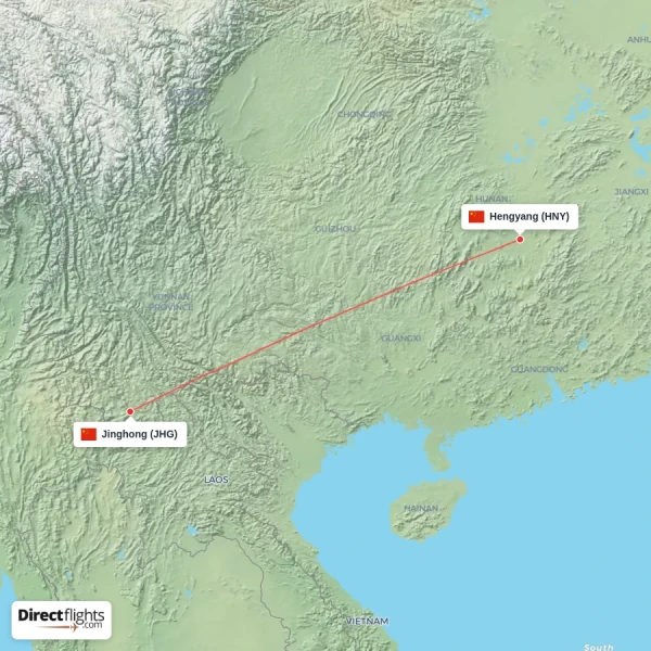 Jinghong - Hengyang direct flight map