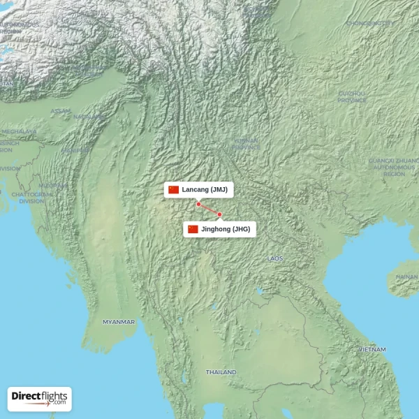 Jinghong - Lancang direct flight map