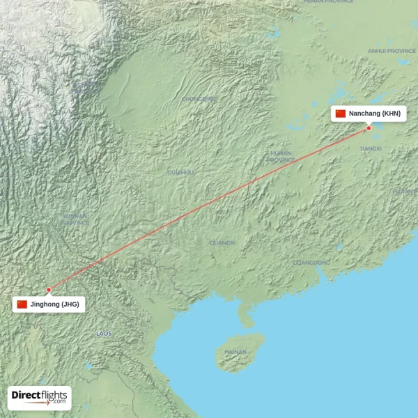 Jinghong - Nanchang direct flight map