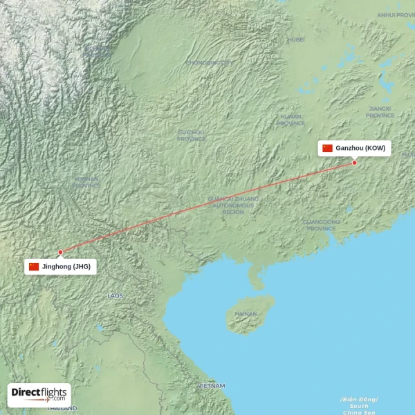 Jinghong - Ganzhou direct flight map