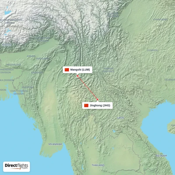 Jinghong - Mangshi direct flight map