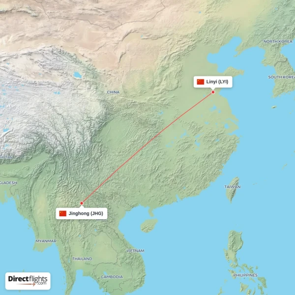 Jinghong - Linyi direct flight map