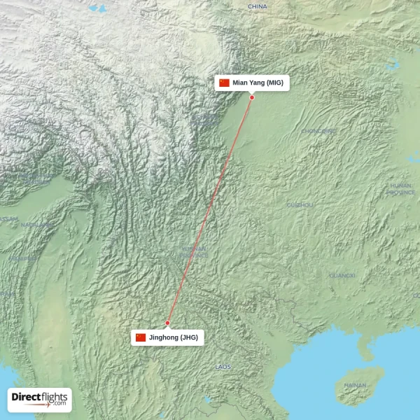 Jinghong - Mian Yang direct flight map